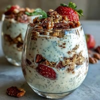 Strawberry Overnight Oats with Chia Seeds and Granola in a glass jar, topped with fresh strawberries and crunchy granola.