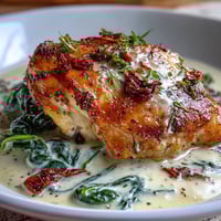 Creamy Tuscan Chicken Skillet with tender chicken in a rich garlic cream sauce, sun-dried tomatoes, and wilted spinach.