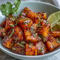 Tropical mango fruit cups with zesty lime and chili seasoning, perfect for a refreshing summer snack.  