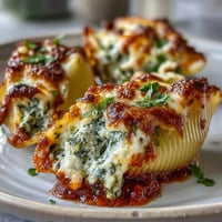 Golden bubbly mozzarella tops baked Pesto Lasagna Stuffed Shells, with creamy ricotta and pesto chicken peeking from tender pasta.