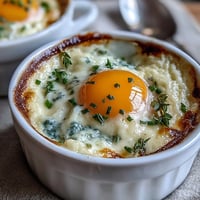 Easter Eggs en Cocotte baked in creamy herb custard with parmesan, a delicate and elegant brunch centerpiece.