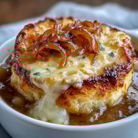 A steaming bowl of gnocchi French onion soup topped with melted Gruyère and golden baguette croutons.