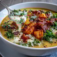 Smoky Sweet Potato Chowder with crispy pancetta and tender kale in a rich, creamy base.