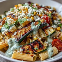 Vibrant pasta salad with grilled zucchini, corn, and tangy Cotija cheese.