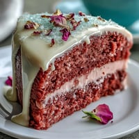 Elegant pink velvet cake infused with rosé wine, topped with shimmering gold drip for a bridal shower celebration.  