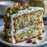 Bright Spring Birthday Lemon Pistachio Cake with creamy frosting and crunchy nuts.